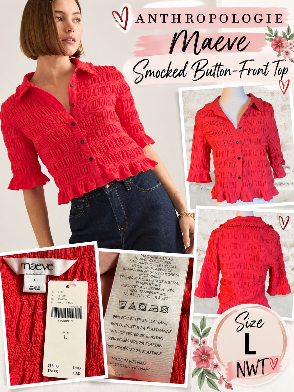 Anthropologie $68 Maeve Smocked Button-Front Top Red Size Large NWT